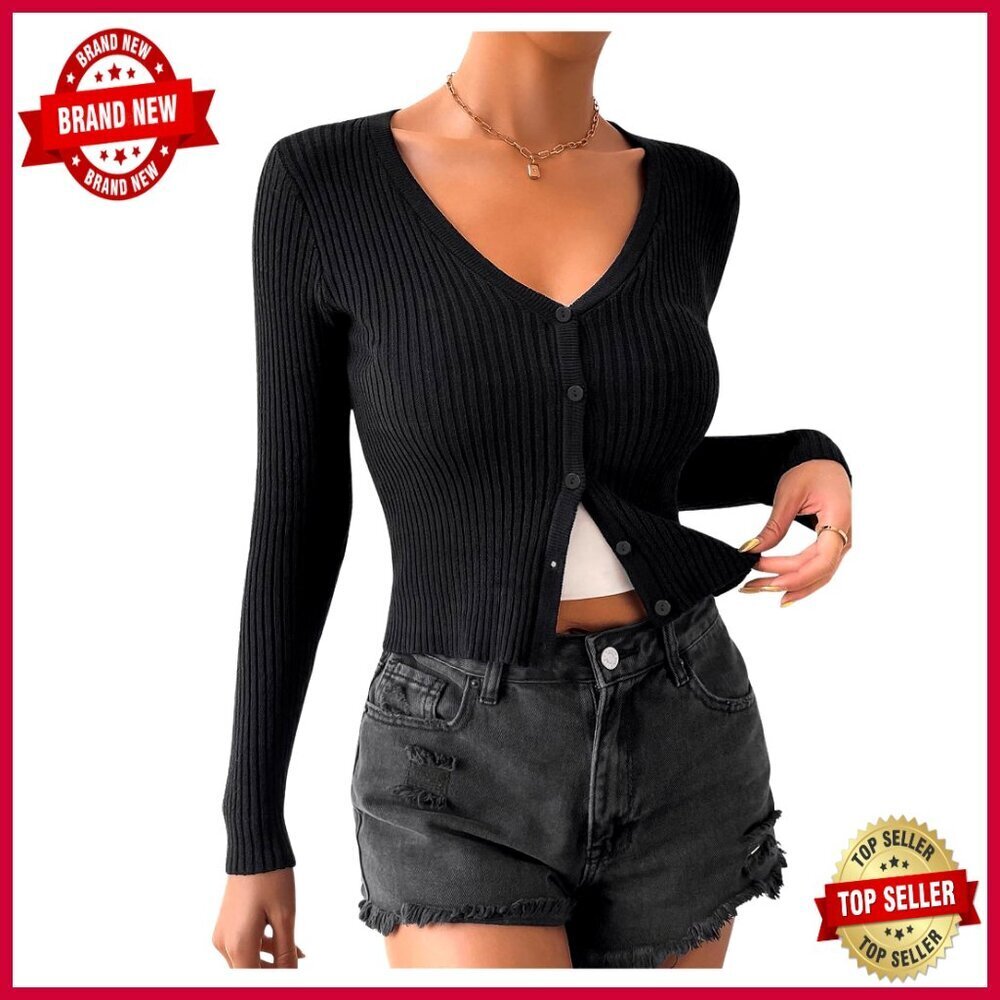 Ribbed Knit Button Down V-Neck Cropped Cardigan Sweater Lightweight